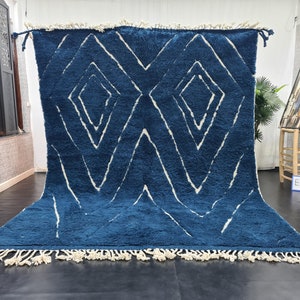 BENI OURAIN RUG, Geometric Moroccan Rug, Blue & White Wool Rug, Made to Order Floor Covering, Handmade Area Rug, Traditional Berber Carpet.