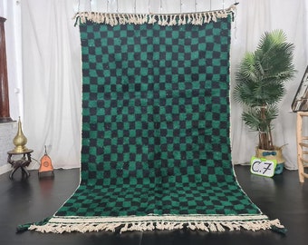 GREEN BENIOURAIN RUG, Moroccan Handmade Carpet, Green & Black Rug, Berber Wool Rug, Checkered Rug, Area Rug, Checkerboard Rug, Bohemian Rug