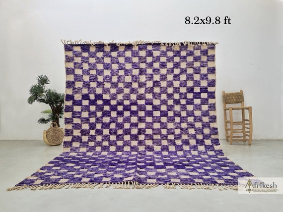 HANDWOVEN RUG 8x9, Cozy Moroccan Rug, Plush Purple Area Rug, Authentic Beni Ourain Rug, Checkered Natural Wool Rug, Tufted Berber Carpet.