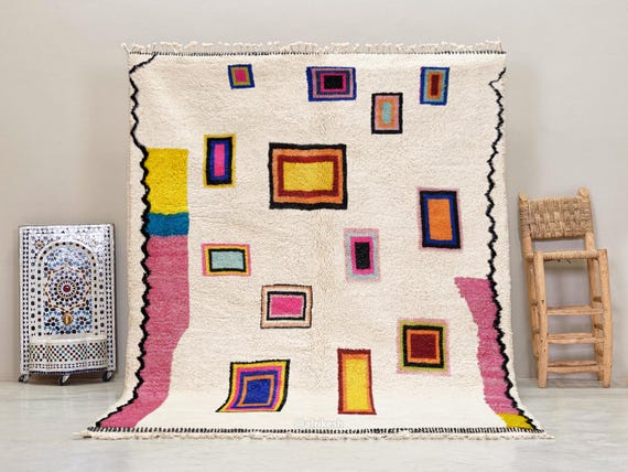 COLORFUL AREA RUG, Decorative Moroccan Rug, Beni Ourain Wool Rug, Handwoven Berber Carpet, Custom Made Pink Motifs Rug, Soft Pile Home Decor