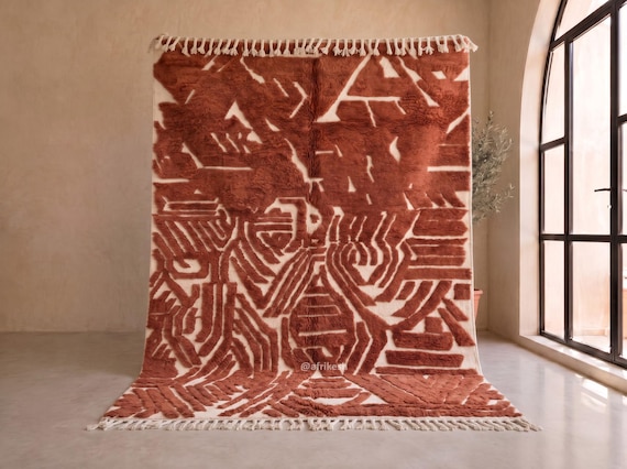 Terracotta and Ivory Maze Beni Ourain Rug - Hand Tufted Moroccan Wool Berber Rug with Abstract Pattern for Living Room | Afrikesh