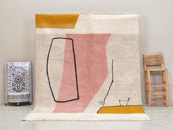 ELEGANT PINK RUG, Handmade Beni Ourain Rug, Abstract Moroccan Design, Custom Made Wool Rug, Shaggy Berber Carpet, Vibrant Area Decor