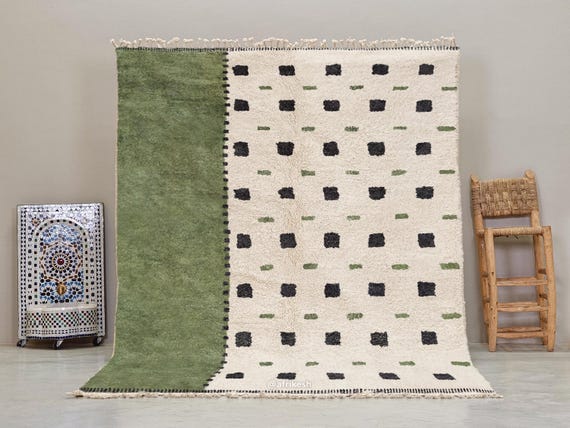 MODERN AREA RUG, Green & White Moroccan Wool Rug, Custom Beni Ourain Rug, Berber Style with Black Geometric Motifs, Cozy Handmade Floor Rug.