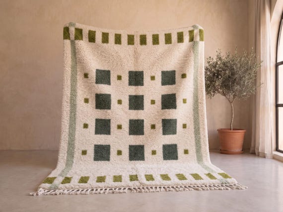 Sage Green Checkered Beni Ourain Rug - Handmade Moroccan Wool Rug - Ivory Berber Area Rug with Olive Geometric Squares for Bedroom |Afrikesh