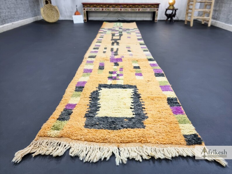 PRETTY BOUJAAD RUG, Moroccan Runner 2x11, Checkered Rug, Berber Rug, Large Orange and Purple Runner, Wool Rug, Handwoven Rug - Afrikesh Rug - One Side Fringes.
Pile Height: 1.5 cm-0.59 inches.