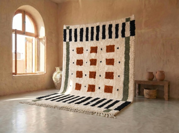 Terracotta and Black Beni Ourain Rug - Handmade Moroccan Wool Rug - High Pile Berber Area Rug with Olive Green Accents | Afrikesh