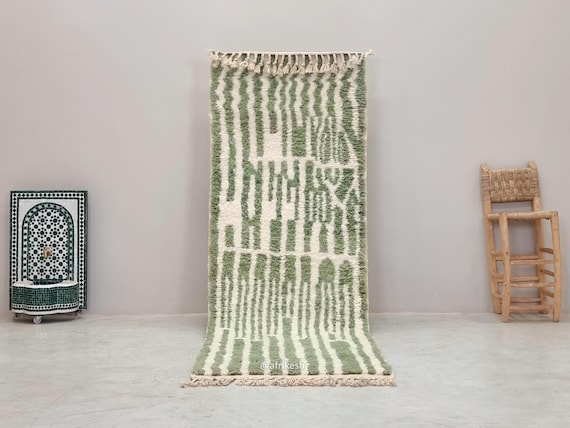 GREEN RUNNER RUG, Modern Moroccan Runner, Custom Beni Ourain Wool Rug, Handmade Berber Carpet, Striped Shag Hallway Rug.