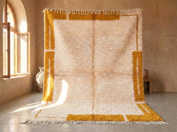 Minimalist Beni Ourain Rug - Handmade Moroccan Wool Rug - Mustard and White High Pile Berber Area Rug for Living Room | Afrikesh