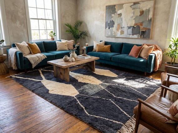 Charcoal Black and Ivory Mrirt Rug - Handmade Moroccan Wool Rug - Bold Diamond High Pile Berber Area Rug for Living Room | Afrikesh