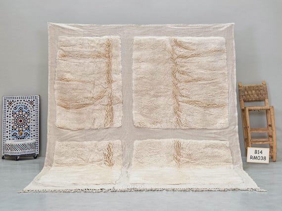 STUNNING CUSTOM RUG, Beni Mrirt Moroccan Rug, Handcrafted Berber Wool Carpet, Soft Geometric White Rug, Stylish Addition to Your Home Décor