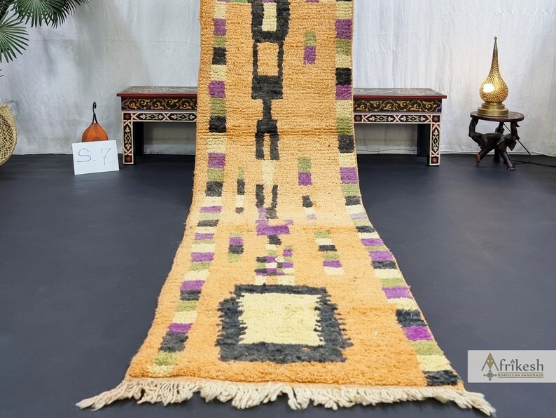 PRETTY BOUJAAD RUG, Moroccan Runner 2x11, Checkered Rug, Berber Rug, Large Orange and Purple Runner, Wool Rug, Handwoven Rug - Afrikesh Rug - One Side Fringes.
Pile Height: 1.5 cm-0.59 inches.
