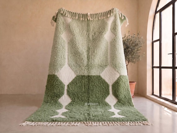 Sage Green and Olive Beni Ourain Rug - Handmade Moroccan Wool Rug - Diamond Pattern Modern Berber Area Rug for Living Room | Afrikesh