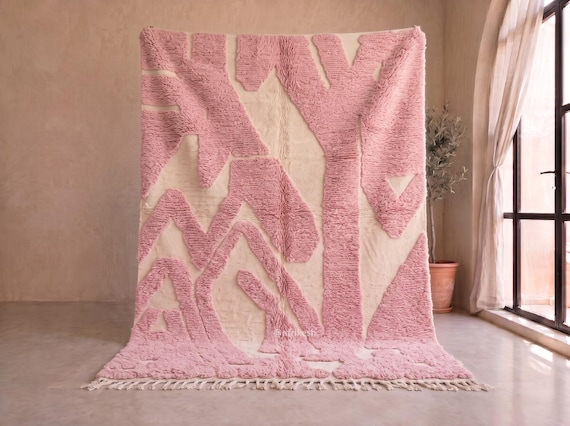 Pink and Ivory Beni Ourain Rug - Handmade Moroccan Wool Rug - Abstract Plush High Pile Berber Area Rug for Living Room | Afrikesh