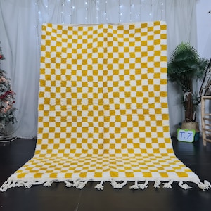 MOROCCAN CUSTOM RUG, Beni Ourain Yellow Rug, Moroccan Handmade Rug, Yellow Area Rug, Moroccan Berber Rug, Checkered Wool Rug, Winter Rug
