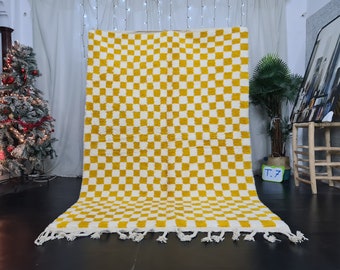MOROCCAN CUSTOM RUG, Beni Ourain Yellow Rug, Moroccan Handmade Rug, Yellow Area Rug, Moroccan Berber Rug, Checkered Wool Rug, Winter Rug