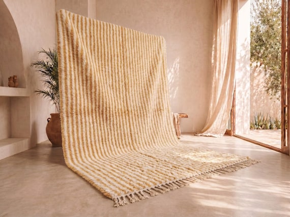 Custom Handmade Beni Ourain Wool Rug – Mustard Yellow High Pile Berber Area Rug