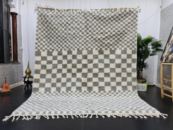 MOROCCAN RUG, Beni Ourain checkered design in white and gray, Handmade Area Rug, Decorative Custom Size Rug, Traditional Berber carpet.