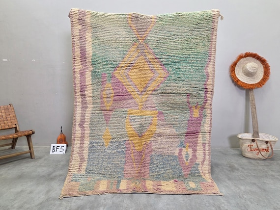 Moroccan Boujaad Wool Rug - Handmade Sage Green and Yellow Tribal Rug - Diamond Vintage Berber Style Boho Decor 5x6ft | Afrikesh