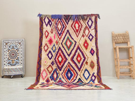 MOROCCAN RUG 4x7 - Authentic Vintage Azilal Wool Rug - Handmade Moroccan Berber Carpet - Boho Tribal Colorful Area Rug.