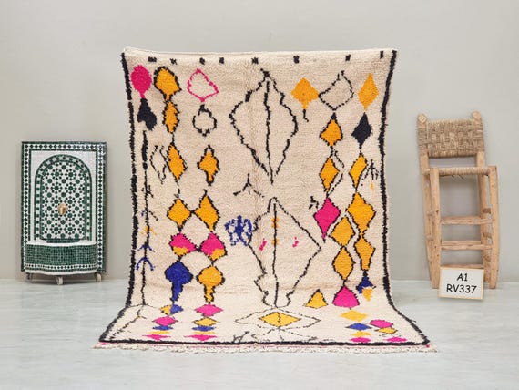MOROCCAN AZILAL RUG 4x8, Colorful Berber Carpet, Handcrafted Tribal Wool Rug, White & Yellow Area Rug, Geometric Pattern Vintage Rug.
