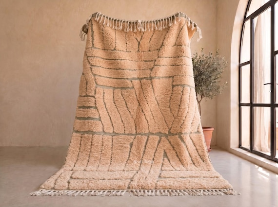 Powder Peach Beni Ourain Rug -Handmade Moroccan Wool Rug - Muted Mocha Brown Line Detail Tufted Berber Rug for Bedroom | Afrikesh