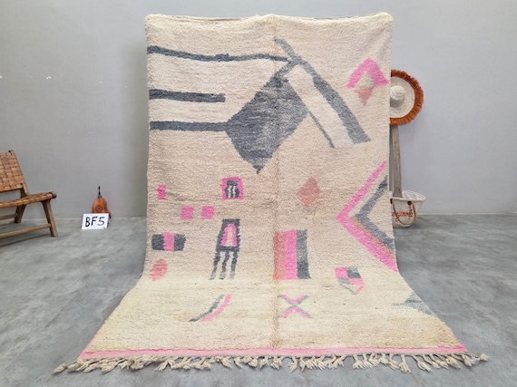Pink and Grey Scattered Symbol Rug - Vintage Moroccan Wool Rug 5x8ft - Handmade Berber Abstract Area Rug for Living Room | Afrikesh