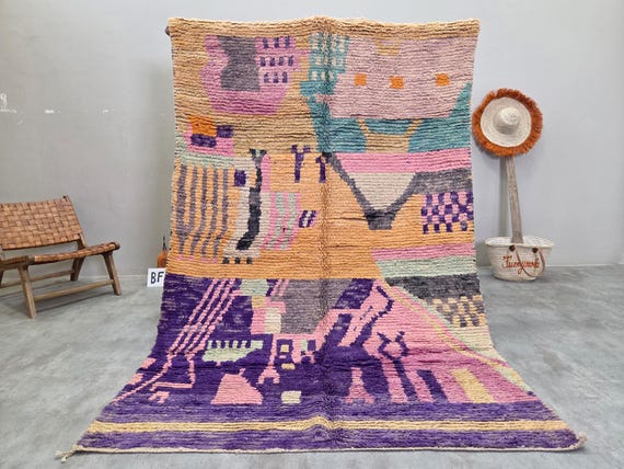 Violet Ochre and Sage Green Boujaad Rug - Abstract Handmade Moroccan Wool Rug 5x8ft - Vintage Berber Area Rug for Living Room | Afrikesh