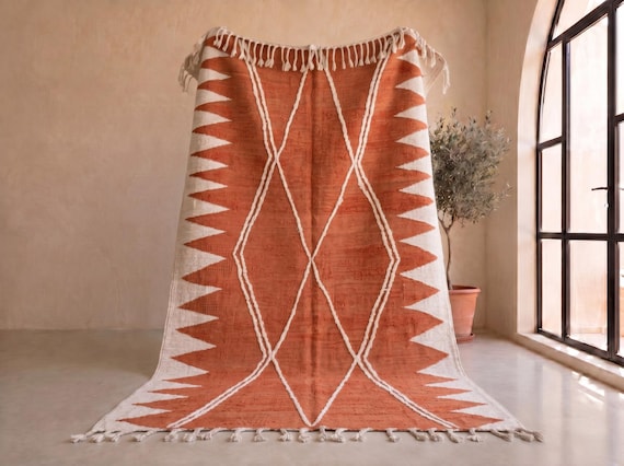 Terracotta Orange Kilim Rug - Handmade Moroccan Wool Flatweave - Raised Braided Diamond Berber Area Rug for Living Room | Afrikesh