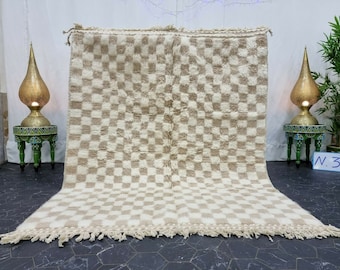 CUSTOM BENIOURAIN CARPET, Moroccan Handmade Rug, Soft Colored Rug, Checker Rug, Handmade Wool Carpet, Azilal Berber Rug, White And Beige Rug