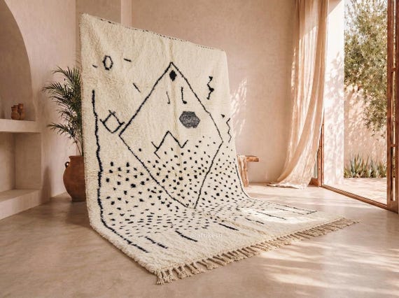 Handmade Moroccan Beni Ourain Rug - Black and White Wool Rug - Diamond Dot High Pile Berber Area Rug for Living Room | Afrikesh