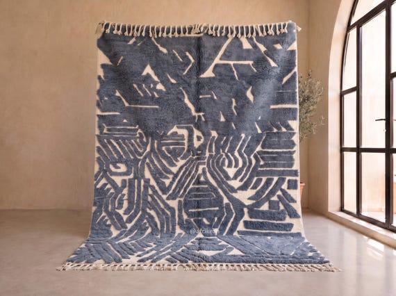 BLUISH MOROCCAN RUG, Beni Ourain Area Rug, Handmade Wool Rug, Tufted Boho Rug, Custom Rug For Your Dining Room, Berber Carpet.