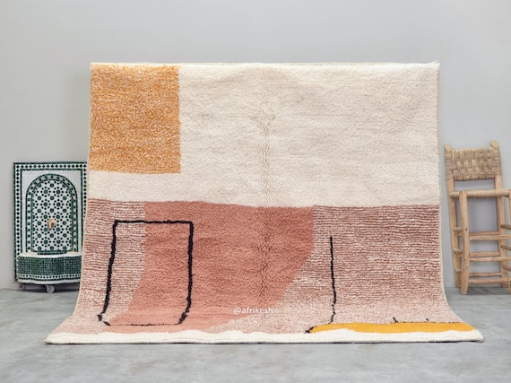 LIVING ROOM DECOR 7x8, Modern Handmade Moroccan Rug, Beni Ourain Wool Rug, White & Peach Area Rug, Abstract Berber Carpet.