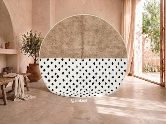 Round Handmade Moroccan High Pile Wool Rug - Camel and Black Dot Beni Ourain Rug - Color Block Berber Area Rug for Living Room | Afrikesh
