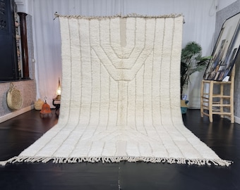 MOROCCAN RUG, Handmade Beni Ourain Rug, White Background Rug, Custom Size Wool Rug, Striped Shag Rug, Artisan Made Area Rug.