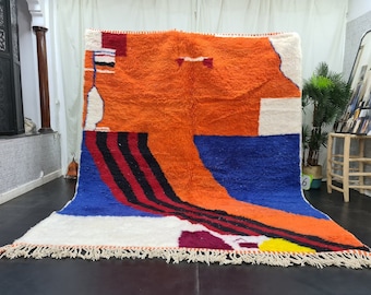 Orange Abstract Beni Ourain Rug - Handmade Moroccan Wool Rug - Multicolor Artistic Berber Area Rug for Living Room - Afrikesh