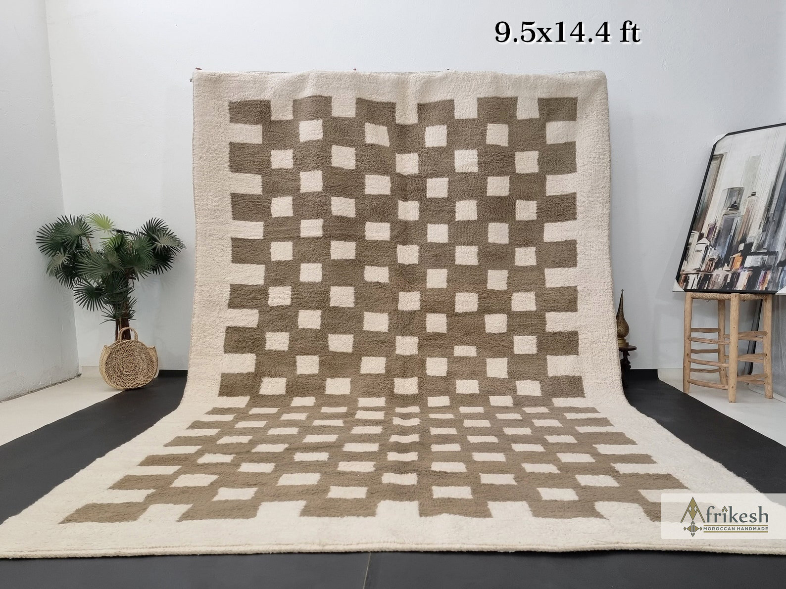 BROWN & WHITE RUG, Moroccan Checkered Rug 9x14, Beautiful