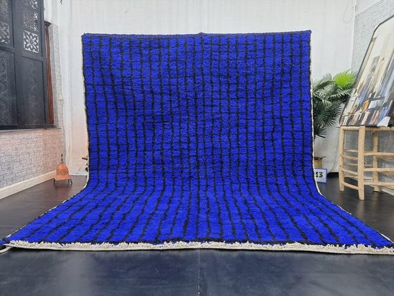LARGE MOROCCAN RUG 10x12, Beni Ourain Shag Rug, Royal Blue Wool Rug, Handmade Berber Carpet, Grid Parttern Area Rug.