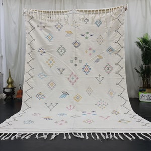 FLAWLESS SABRA RUG, Handmade Moroccan Rug, Custom Flat Berber Symbols Rug, Wool White Rug, Cactus Silk Area Rug, Handwoven Abstract Carpet.