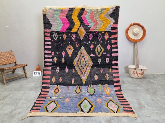 Charcoal Black & Mustard Boujaad Rug 5x8ft - Handmade Moroccan Wool Rug - Colorful Vintage Diamond Berber Rug for Living Room | Afrikesh
