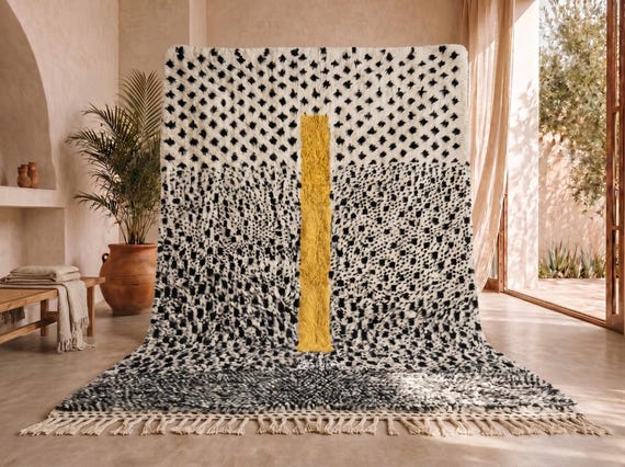 Modern Dot Beni Ourain Rug – Handmade Moroccan Wool Berber Rug - Yellow Center Stripe Area Rug For Living Room | Afrikesh