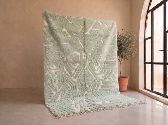 Hand Tufted Sage Green & Ivory Moroccan Rug - Carved Beni Ourain Wool Berber Rug with Tribal Pattern for Living Room | Afrikesh