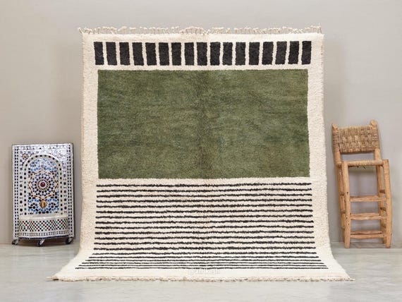 GREEN STRIPED RUG, Custom Size Moroccan Design, Contemporary Beni Ourain Rug, White Background Area Rug, Handmade Wool Berber Carpet.