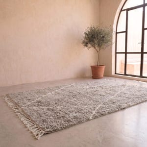 May include: A rectangular, light grey, high-pile area rug featuring a subtle, thin white diamond-patterned line design. The rug has short, knotted fringe detailing along the shorter edges, providing a textured appearance on the floor surface.