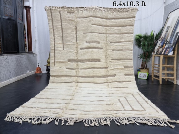 LARGE MRIRT RUG 6x10, Handmade Moroccan Rug, White Shag Rug, Tribal Berber Carpet, Hand-Tufted Wool Rug, Authentic Striped Rug, Beni Mrirt.