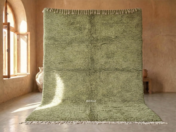 Lush High Pile Beni Ourain Rug - Handmade Moroccan Wool Rug - Sage Green Shaggy Berber Area Rug for Living Room and Bedroom | Afrikesh