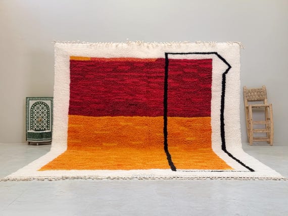 GORGEOUS MOROCCAN RUG, Personalized Beniourain Rug, Mustard and burgundy Rug, Handmade Wool Rug, Abstract Rug, Handwoven Area Rug, Wool Rug.