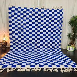 MOROCCAN BLUE RUG, Beni Ouarain Carpet, Berber Checkered Rug, Berber White and Blue Checker Rug, Tribal Handmade Rug, Blue Checkerboard Rug