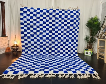 MOROCCAN BLUE RUG, Beni Ouarain Carpet, Berber Checkered Rug, Berber White and Blue Checker Rug, Tribal Handmade Rug, Blue Checkerboard Rug