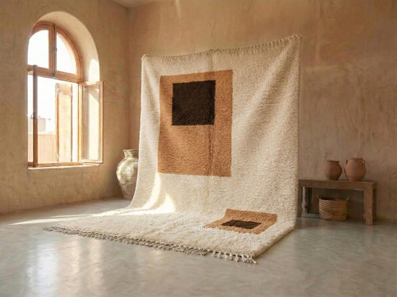 Moroccan Beni Ourain Wool Rug - Handmade Camel and Brown Rug - Plush High Pile Abstract Berber Area Rug for the Living Room | Afrikesh
