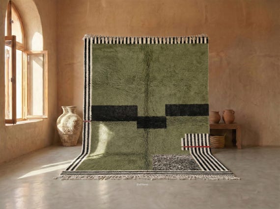 GREEN HANDMADE RUG, Moroccan Living Room Rug, Beni Ourain Berber Carpet, Modern Striped Design, Personalized Organic Wool Rug.
